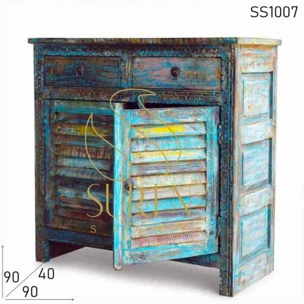 Blue Distress Reclaimed Wood Cabinet with Carving Pattern