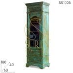 Green Distress Glass Single Door Almirah Cum Display Rack
