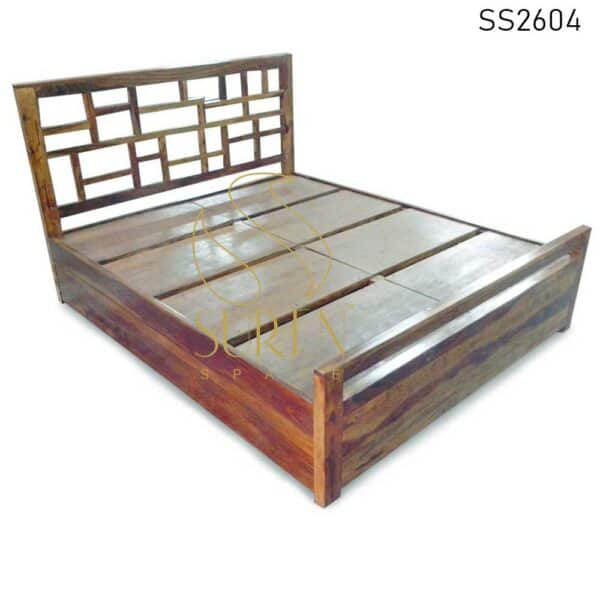 Honey Teak Finish Solid Wood Handcrafted Hotel Resort Bed Design