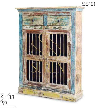 Multicolored Reclaimed Wood Storage Cabinet With Drawers
