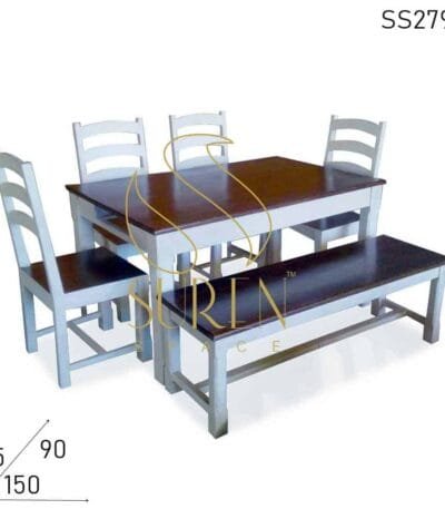 Pure White Solid Wood Bench Chair Table Home Dining Set