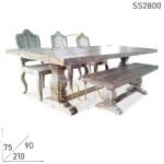 Sand Blasted White Distress Solid Wood Curved Dining Bench Set