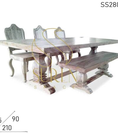 Sand Blasted White Distress Solid Wood Curved Dining Bench Set