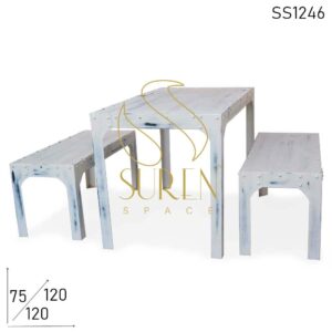 White Distress Metal All-Weather Bench Table Set