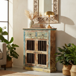 Multicolored Reclaimed Wood Storage Cabinet With Drawers
