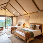 twin bed hotel bedroom set up for camp