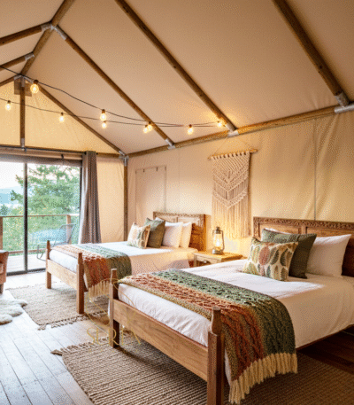 twin bed hotel bedroom set up for camp