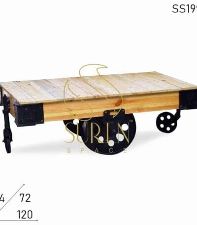 Cast Iron Multi wheel Solid Wood Retro Style Center Coffee Table