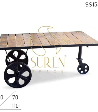 Cast Iron Wheel Mango Wood Movable Center Table Design
