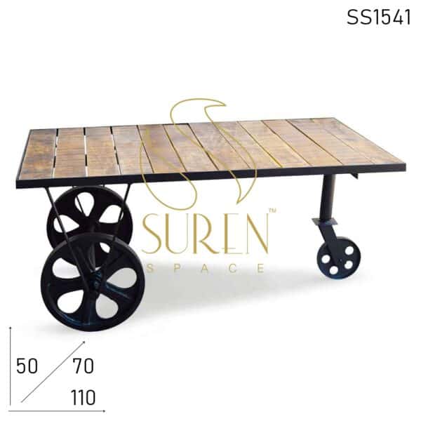Cast Iron Wheel Mango Wood Movable Center Table Design