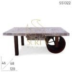 Round Metal Wheel Aara Finish Mango Wood Coffee Table