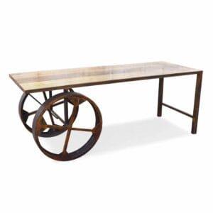 Industrial Table Bench Dining Set Rustic Wheel Industrial Metal Base Solid Wood Table 1