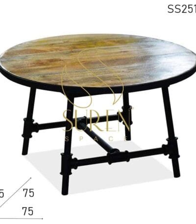 Cast Iron Metal Frame Solid Wood Unique Round Coffee Table