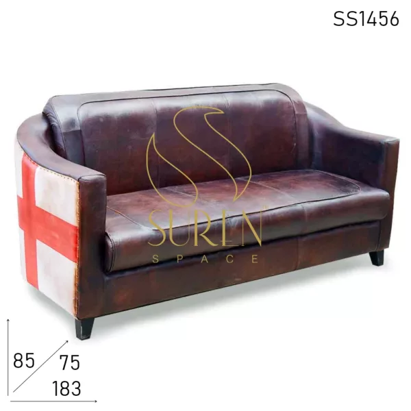 Country Flag Vintage Design Goat Leather Three Seater Sofa
