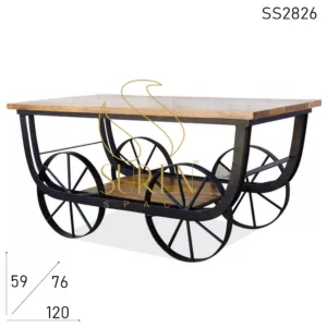 Iron Wheel Solid Wood Movable Coffee Center Table