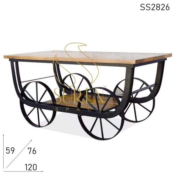 Iron Wheel Solid Wood Movable Coffee Center Table