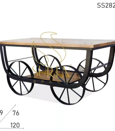 Iron Wheel Solid Wood Movable Coffee Center Table