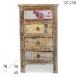 Carved Reclaimed Four Drawer Long Bedside