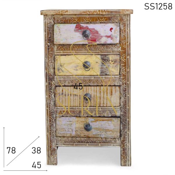 SS1258 Suren Space Carved Reclaimed Four Drawer Long Bedside