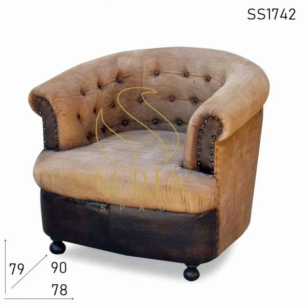 Tufted Round Back Canvas Leather Single Seater Sofa