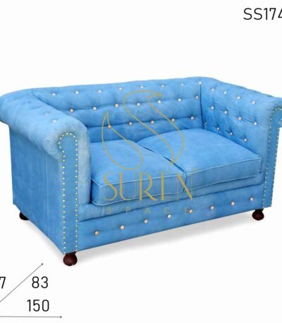 Sky Blue Fabric Tufted Roll Arm Chesterfield Two Seater Sofa