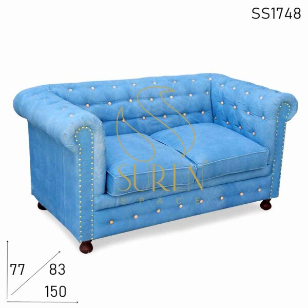 Sky Blue Fabric Tufted Roll Arm Chesterfield Two Seater Sofa