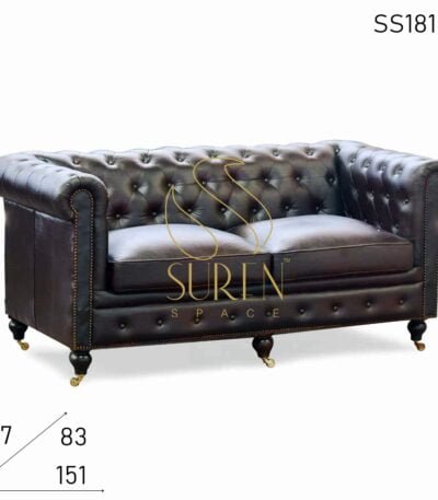 Wheel Base Tufted Pure Leather Chesterfield Two Seater Sofa