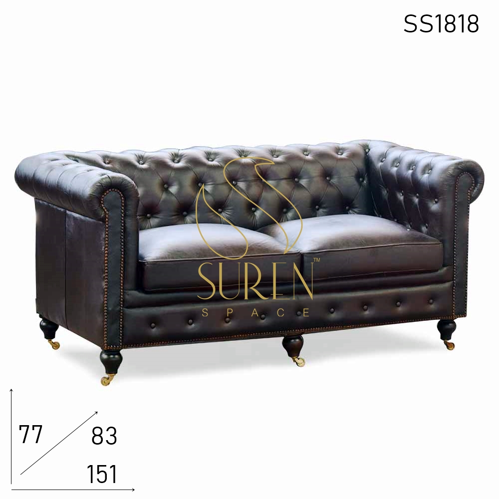 Wheel Base Tufted Pure Leather Chesterfield Two Seater Sofa