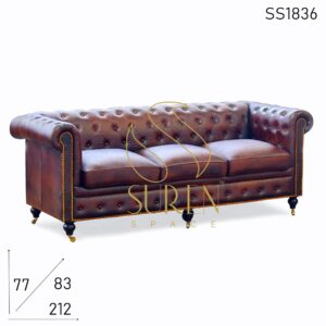 SS1836 Suren Space Wheel Base Chesterfield Leather Three Seater Sofá