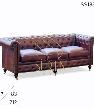 Wheel Base Chesterfield Leather Three Seater Sofa