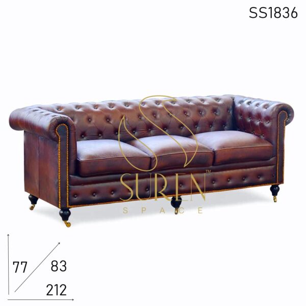 Wheel Base Chesterfield Leather Three Seater Sofa