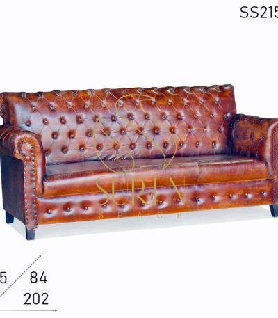 Tufted Chesterfield Roll Arm Full Leather Three Seater