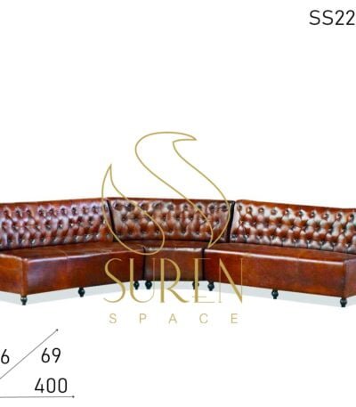 Three Part Tufted Long Shape Pure Leather Restaurant Sofa