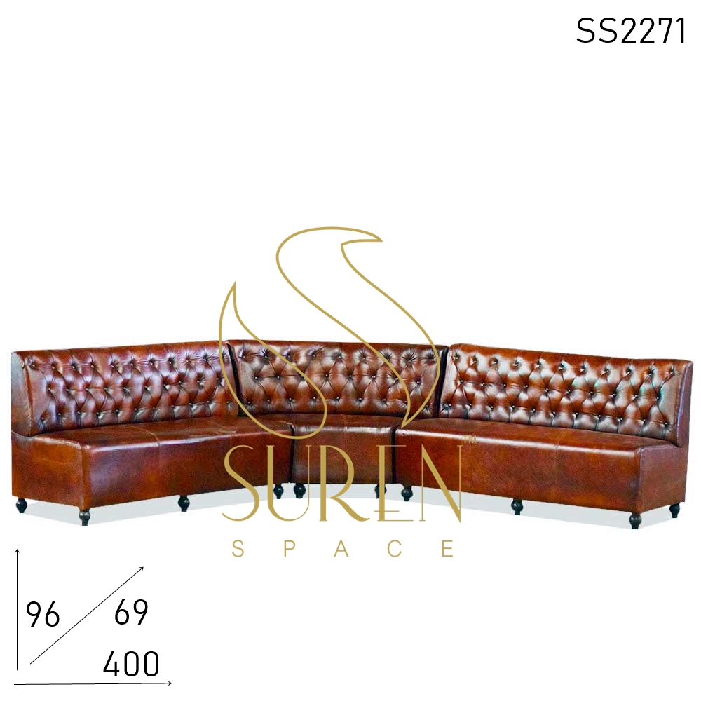 Three Part Tufted Long Shape Pure Leather Restaurant Sofa