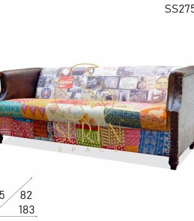 Multi Fabric Print Canvas Leather Gudri Fabric Three Seater Sofa