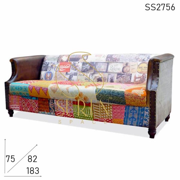 SS2756 Suren Space Multi Fabric Print Canvas Leather Gudri Fabric Three Seater Sofa