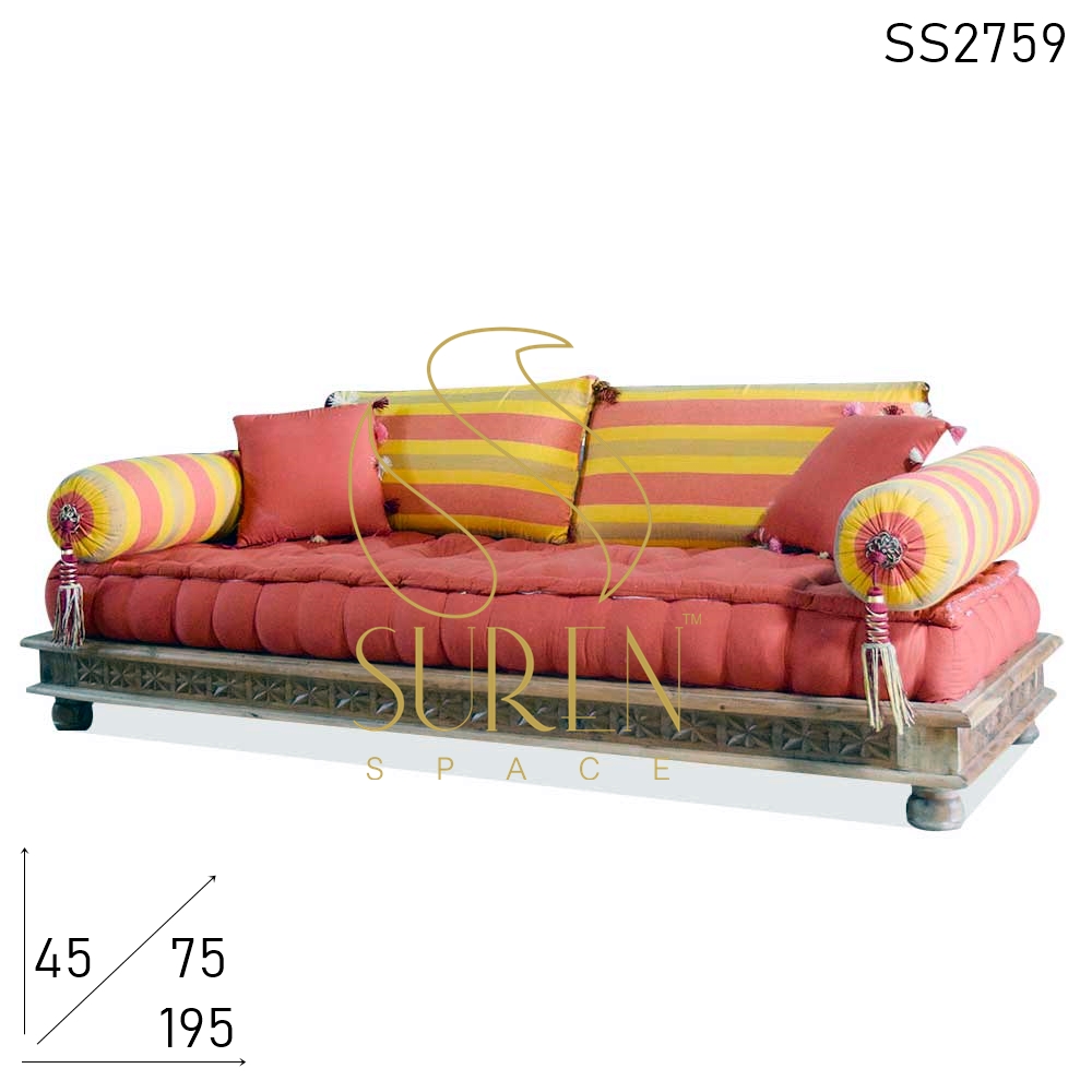 SS2759 Suren Space Carved Solid Wood Fabric Upholstered Three Seater Resort Camp Sofa Design