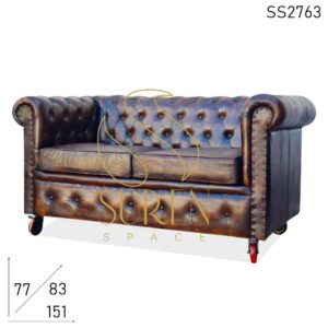 Wheel Base Tufted Distress Brown Pure Jodhpur Leather Sofa