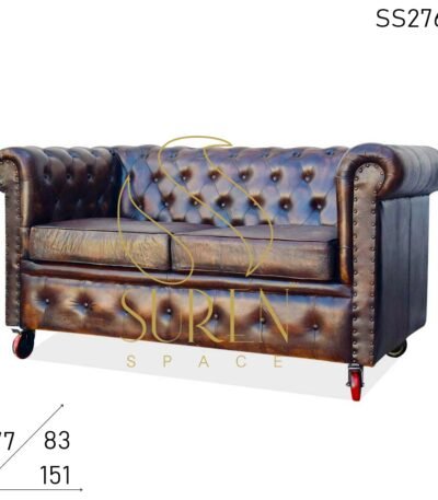 Wheel Base Tufted Distress Brown Pure Jodhpur Leather Sofa