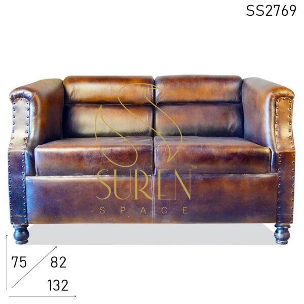 Pure Leather Antique Finish Two Seater Sofa