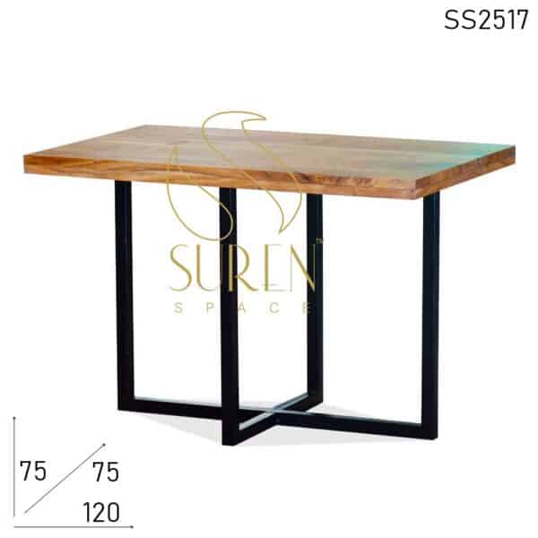 Solid Acacia Wood Natural Finish Metal Frame Restaurant Dining Table