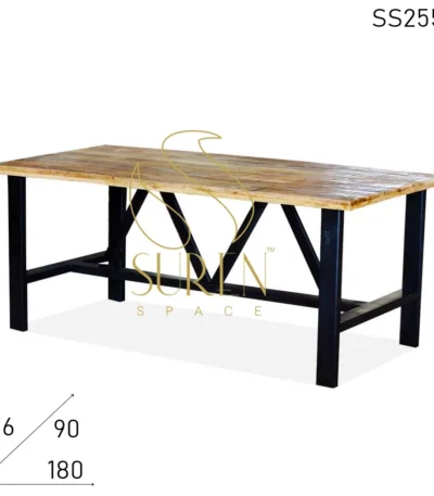 Solid Wood Natural Finish Black Base Restaurant Dining Table