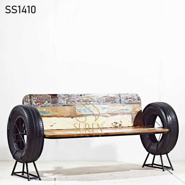 Automobile Tyre Reclaimed Wood Long Bench Cum Sofa