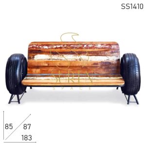 Automobile Tyre Reclaimed Wood Long Bench Cum Sofa