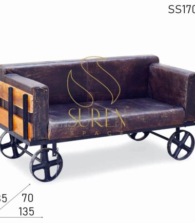 Cast Iron Distress Leather Retro Design Sofa Cum Bench Furniture