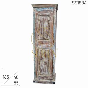 White Distress Old Indian Wood Single Door Almirah Cabinet