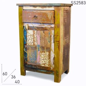 Old Indian Wood Multicolored Farm House Side Table