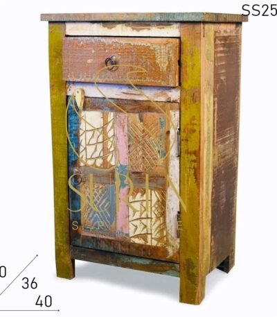 Old Indian Wood Multicolored Farm House Side Table