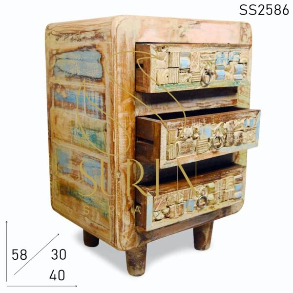 SS2586 Suren Space Carved Patchwork Old Wood Three Drawer Side Table