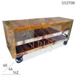 Casting Wheel Old Wood Two Drawer Entertainment Cabinet
